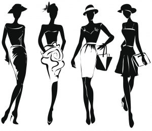 Black and white retro fashion models in sketch style. Hand drawn vector illustration